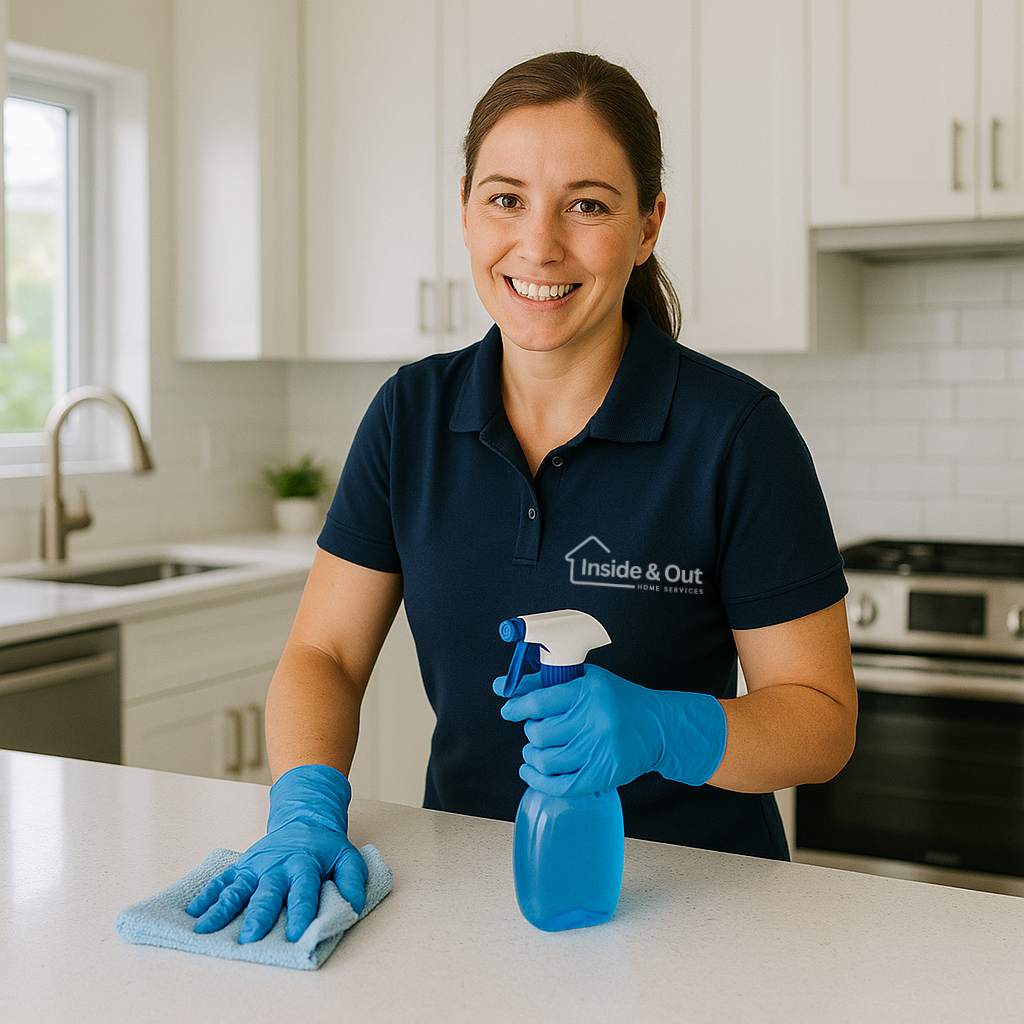 A friendly cleaner from Inside & Out works in a bright, modern Gold Coast kitchen.